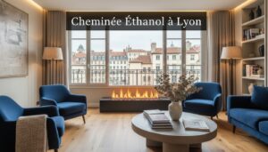 Intérieur chic avec cheminée éthanol allumée, vue sur les toits de Lyon à travers la fenêtre, fauteuils velours et parquet.