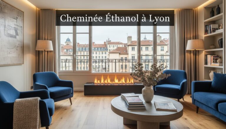 Intérieur chic avec cheminée éthanol allumée, vue sur les toits de Lyon à travers la fenêtre, fauteuils velours et parquet.