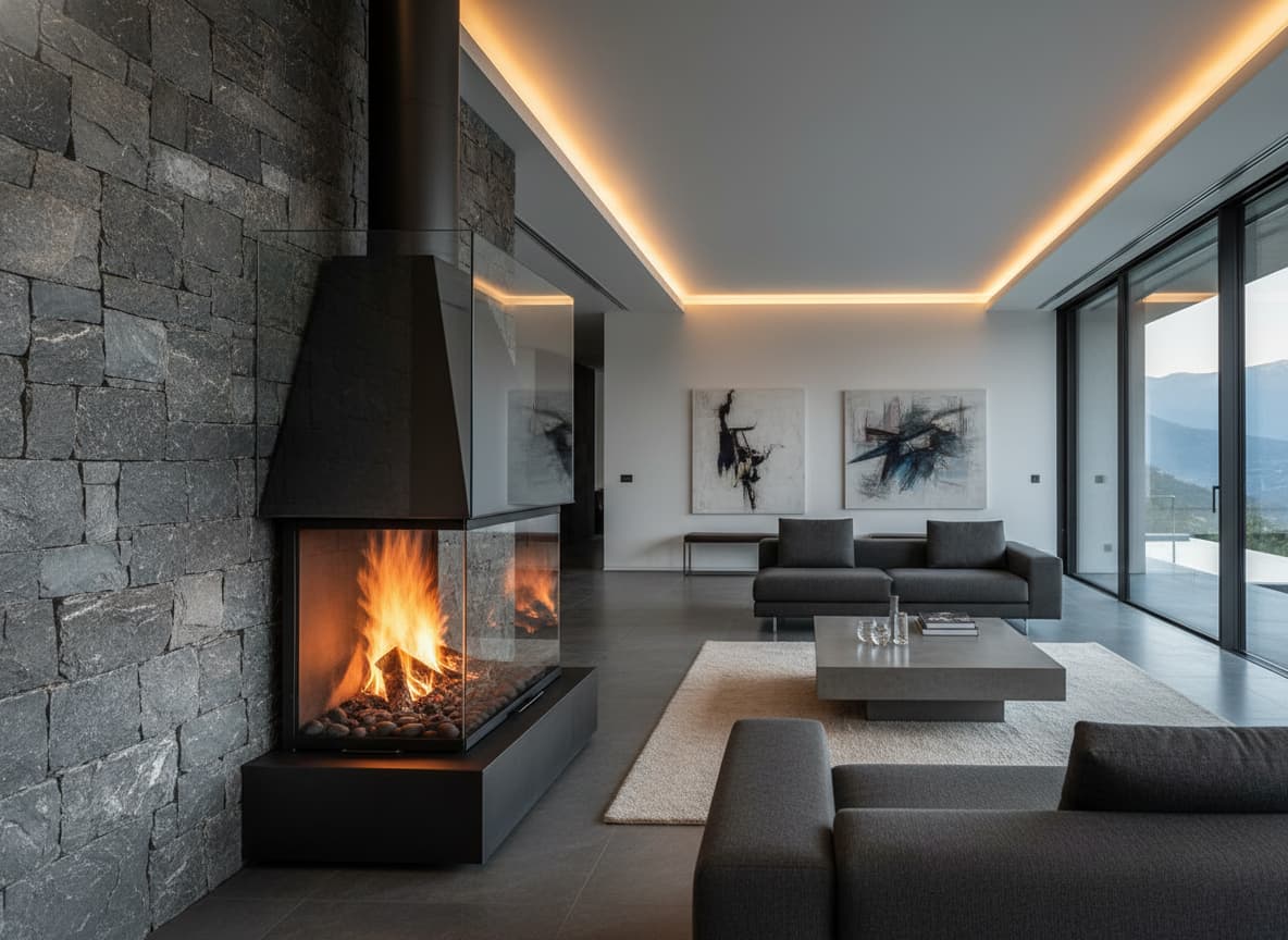 Insert d'une cheminée Archifocus aux lignes industrielles, dotée de grandes parois vitrées laissant voir les flammes, encastrée dans un mur en pierre moderne d'un salon de villa de luxe.