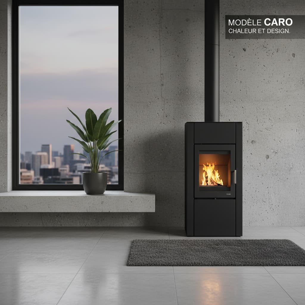 Un poêle Attika CARO en acier noir au design rectangulaire posé contre un mur en béton brut dans un intérieur minimaliste, avec le texte 'MODÈLE CARO' superposé.