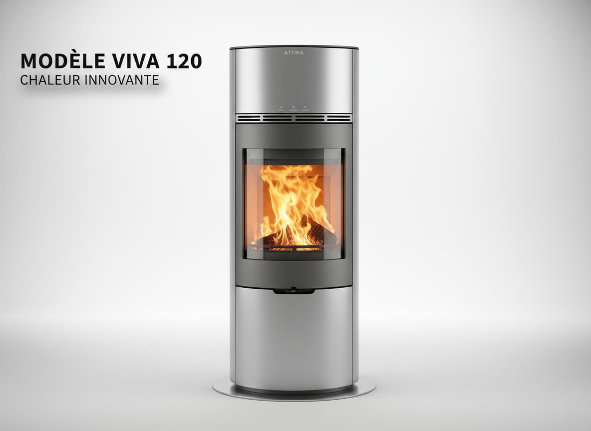 Poêle à bois circulaire en finition métallique gris argenté avec large porte vitrée courbe laissant voir des flammes orange, texte superposé 'MODÈLE VIVA 120', fond minimaliste.
