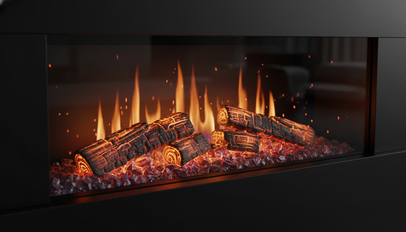 Foyer électrique British Fires New Forest avec bûches LED ultra-réalistes et lit de braises prismatique, monté dans un mur média noir mat, mettant en valeur les flammes multicouches et les braises virtuelles.