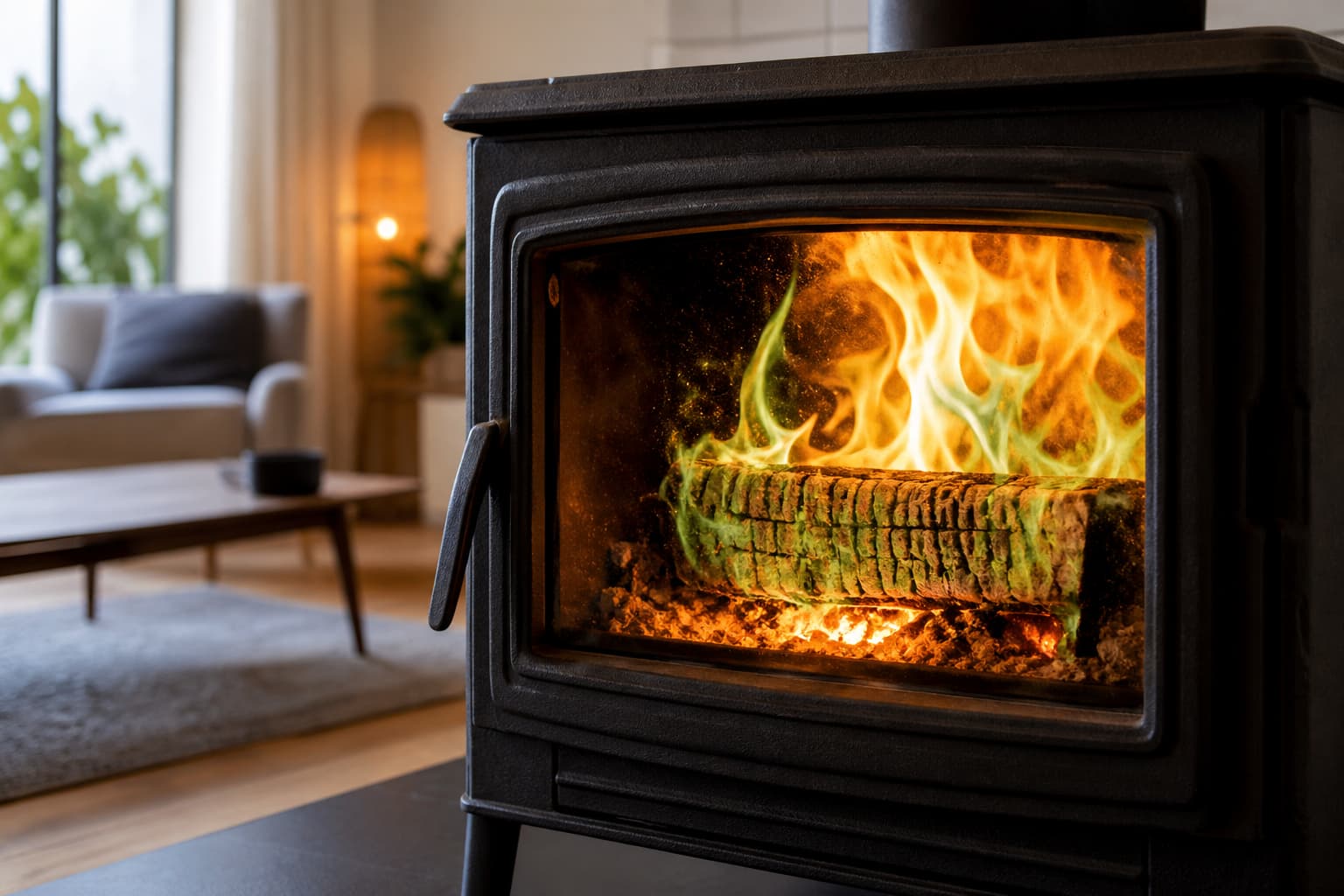 Bûche de ramonage chimique brûlant avec des flammes orange et vertes dans un poêle à bois en fonte, sur fond de salon chaleureux et flou.