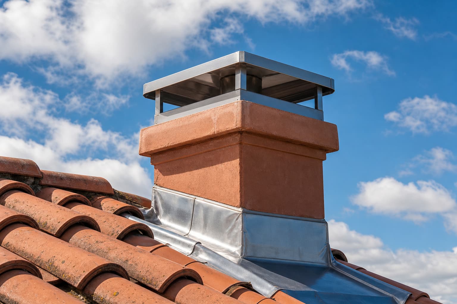 Vue en contre-plongée d’une souche de cheminée traditionnelle en terre cuite surmontée d’un capuchon d’étanchéité sur mesure en acier inoxydable, avec un solin métallique et des joints de mastic visibles à la base, sur fond de ciel bleu avec nuages épars et tuiles en terre cuite.
