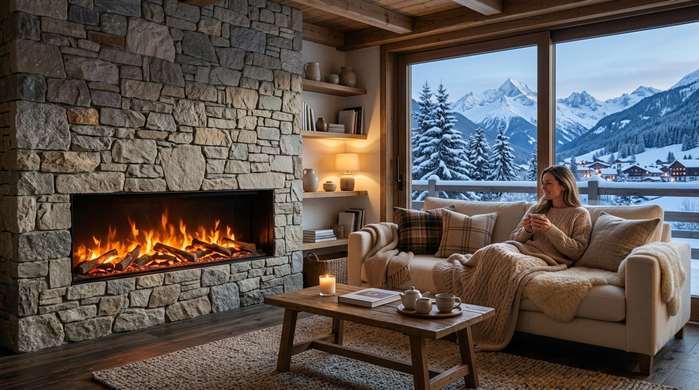 Un salon de chalet alpin moderne avec une cheminée électrique aux flammes orangées, un canapé moelleux et une vue sur les montagnes enneigées.