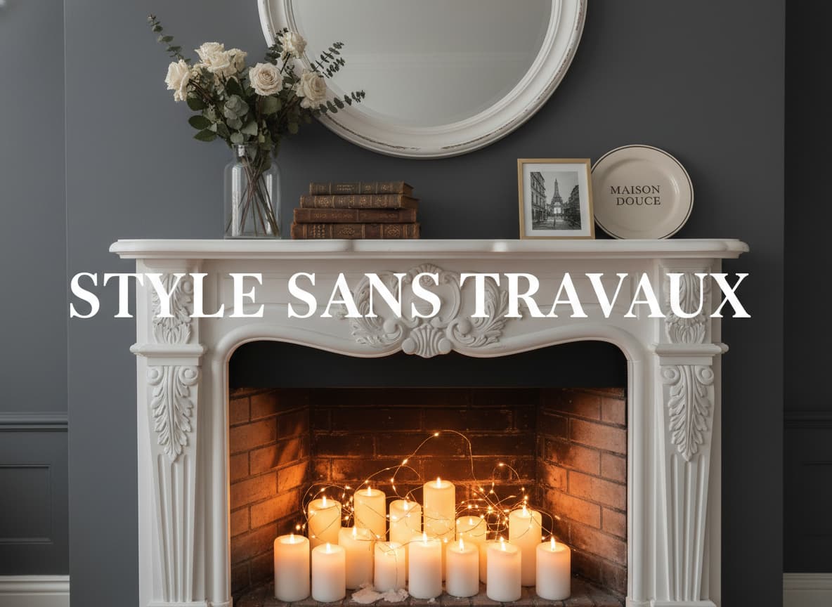 Cheminée en bois blanc décorative sur mur gris, avec bougies blanches, guirlande lumineuse, livres et vase sur le manteau, et texte 'STYLE SANS TRAVAUX' superposé.