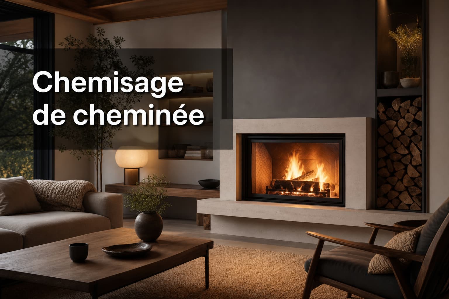 Salon confortable moderne avec cheminée à bois sécurisée, foyer propre et éclairage chaleureux, surmonté du texte