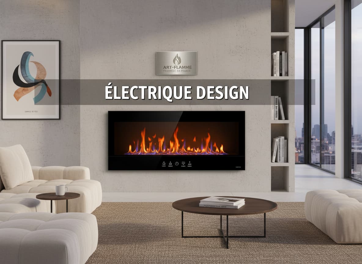 Cheminée électrique noire ultra-plate encastrée au mur avec flammes LED orange et bleues, dans un salon minimaliste contemporain, avec texte 'ÉLECTRIQUE DESIGN' en superposition.