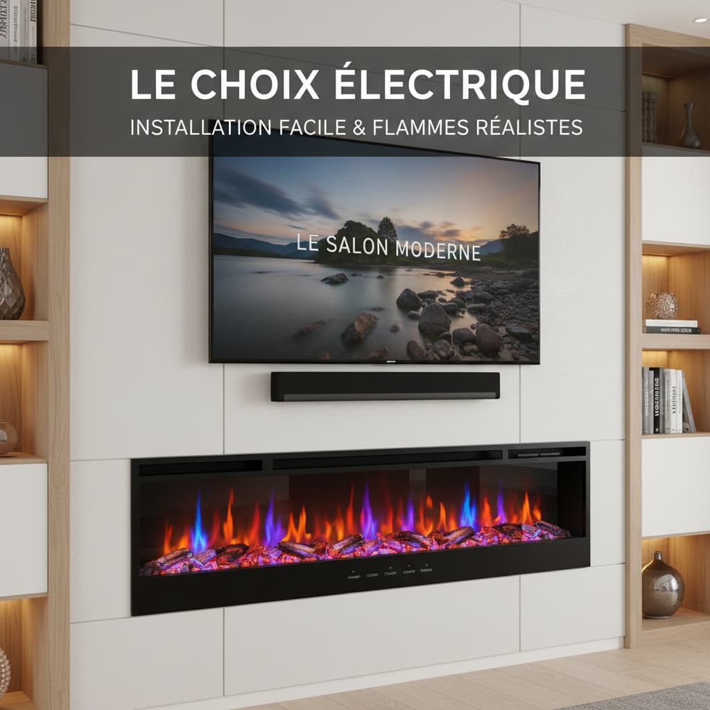 Cheminée électrique murale intégrée dans un meuble TV moderne, avec flammes LED multicolores, et texte 'LE CHOIX ÉLECTRIQUE' superposé sur fond sombre.