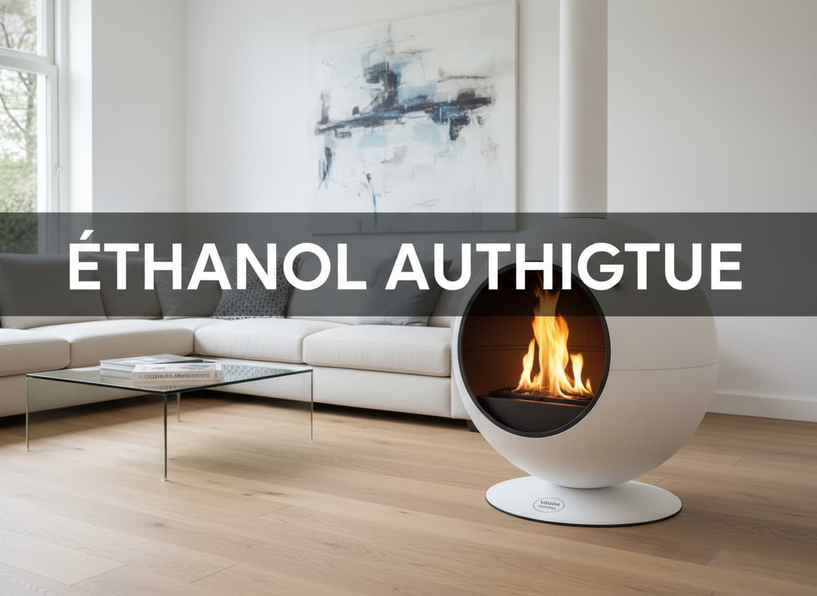 Cheminée éthanol blanche sphérique posée sur un plancher en chêne clair, flamme jaune visible et texte superposé 'ÉTHANOL AUTHENTIQUE'.