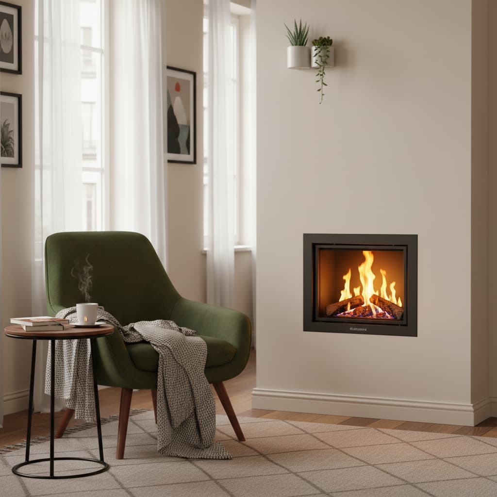 Une cheminée à gaz compacte Element4 Cupido encastrée est allumée dans le salon d'un petit appartement chaleureux à côté d'un fauteuil et d'une tasse de café posée sur une table basse.