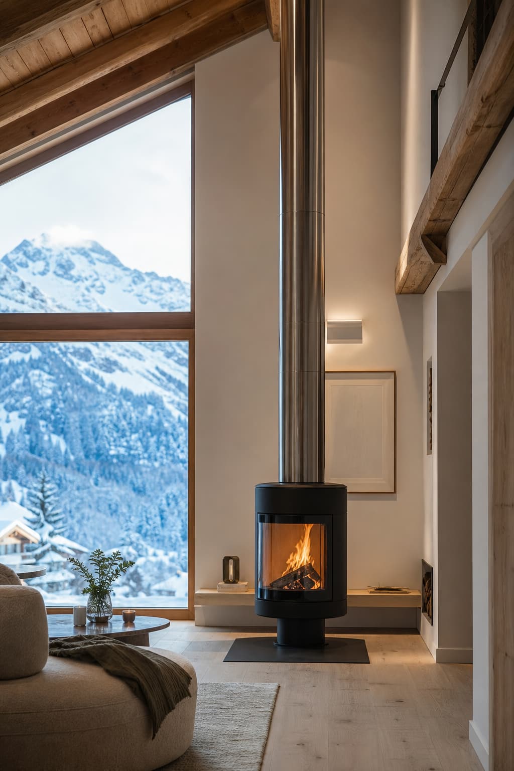 Intérieur de chalet alpin moderne avec poêle à bois design, conduit de cheminée en acier inoxydable poli apparent, grande fenêtre panoramique sur les Alpes enneigées et décoration scandinave minimaliste.