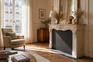 Cheminée classique en pierre obturée par une plaque métallique sombre, ornée de bougies et de compositions florales séchées, dans un salon parisien baigné de lumière chaude