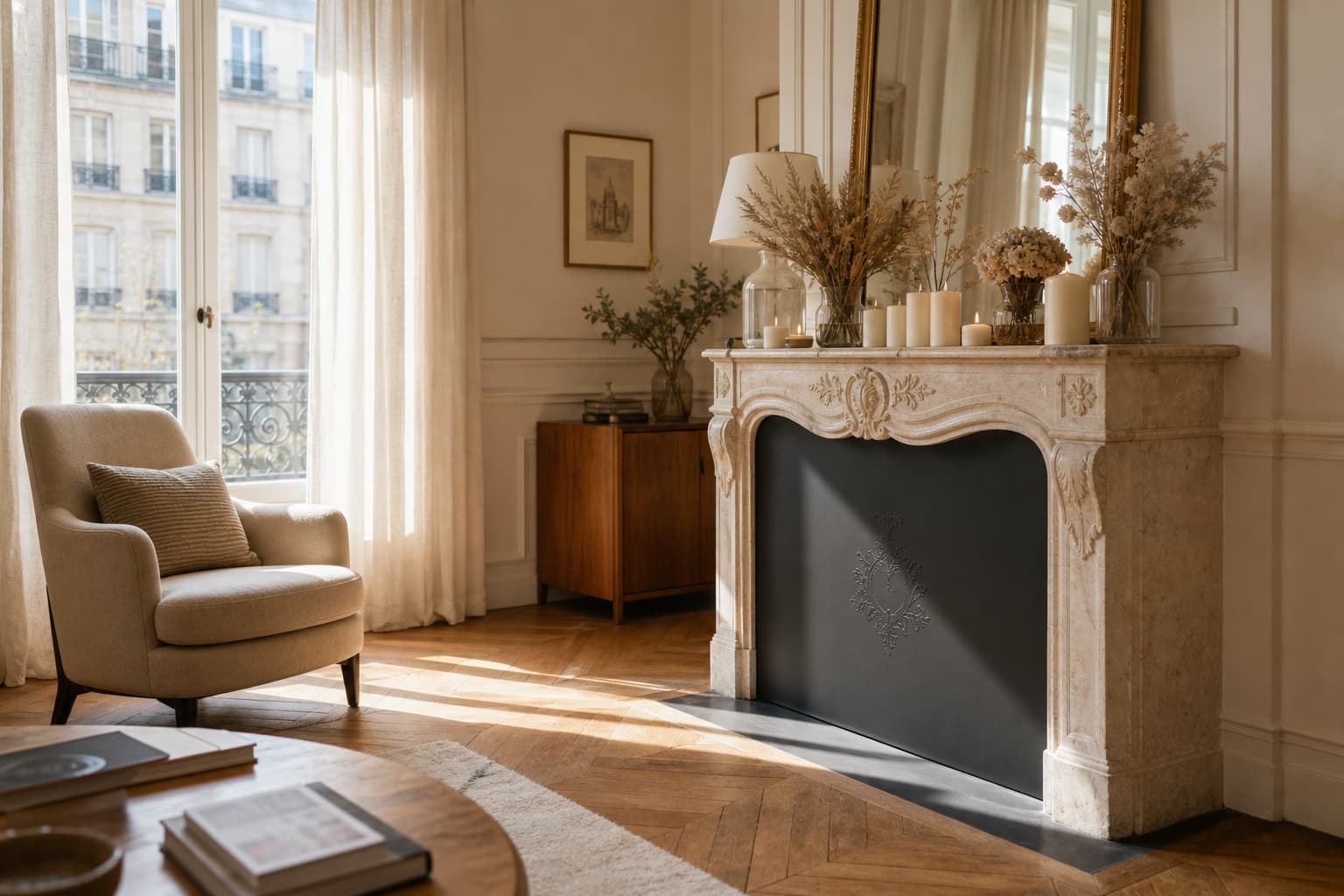 Cheminée classique en pierre obturée par une plaque métallique sombre, ornée de bougies et de compositions florales séchées, dans un salon parisien baigné de lumière chaude