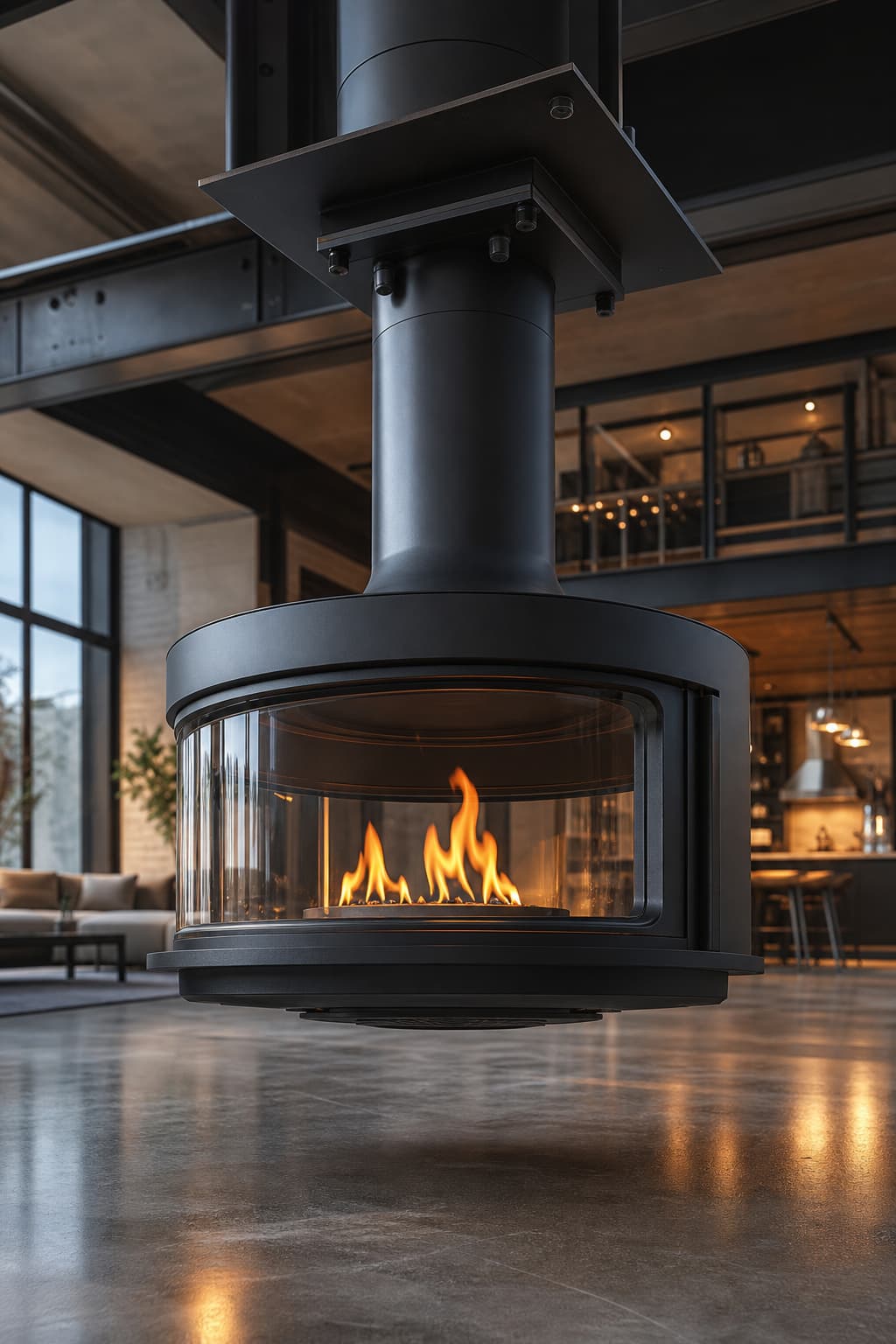 Une cheminée suspendue rotative en acier noir avec une vitre en céramique et une flamme vive est fixée au plafond d