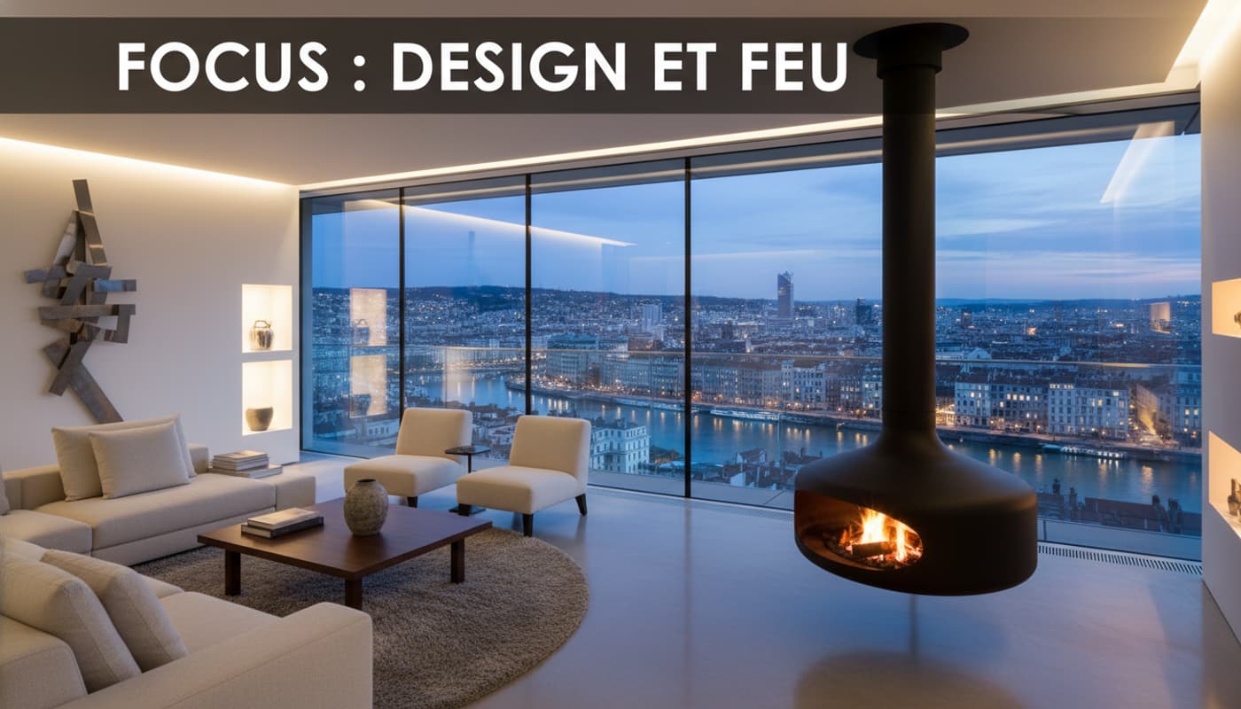 Un salon minimaliste de haut standing avec un sol en béton ciré et une cheminée suspendue noire mate, offrant à travers ses baies vitrées une vue sur la ville de Lyon au crépuscule sous un texte superposé FOCUS : DESIGN ET FEU.