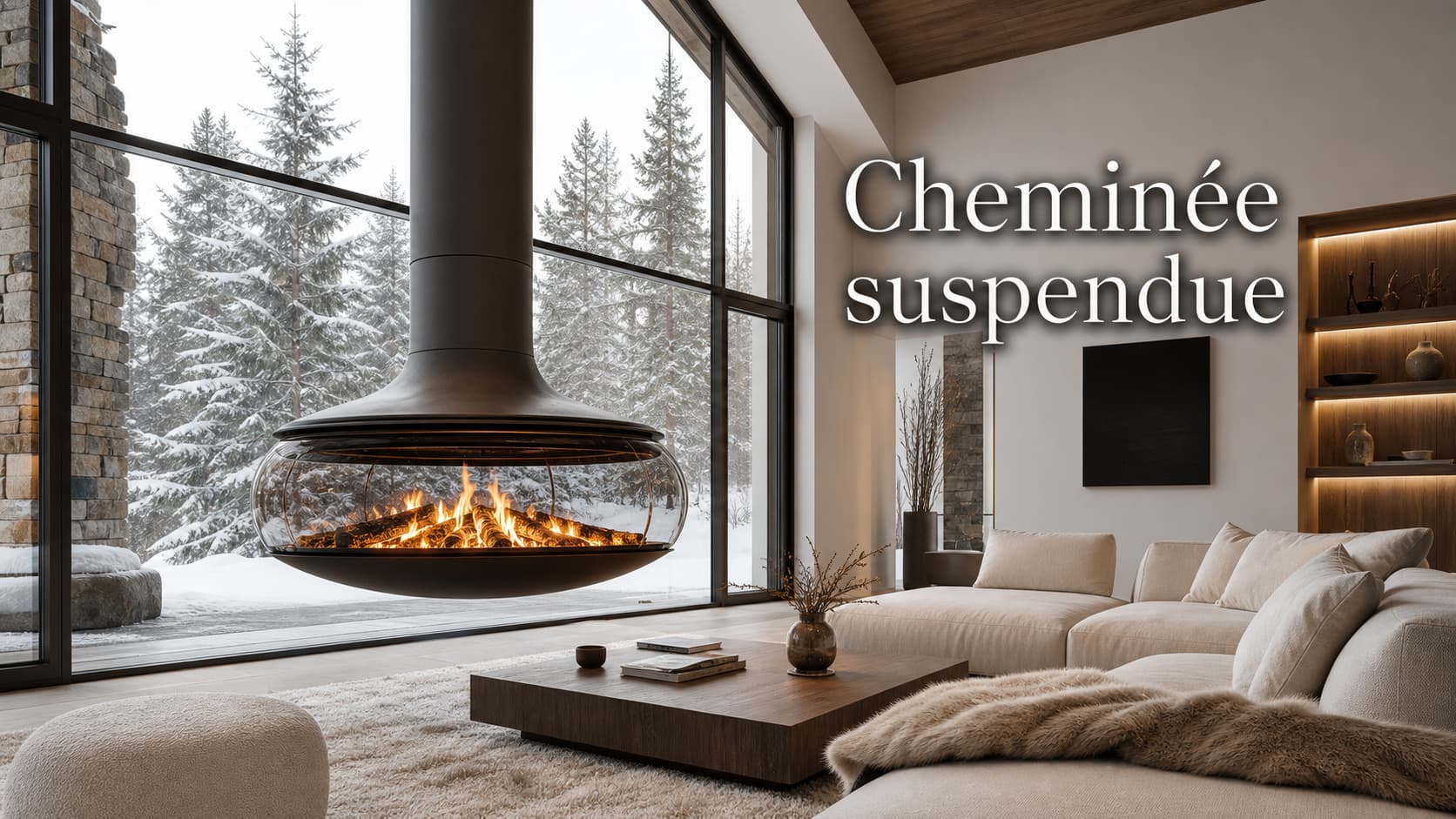 Cheminée suspendue en verre courbé avec feu de bois dans un salon contemporain illuminé par une forêt enneigée.