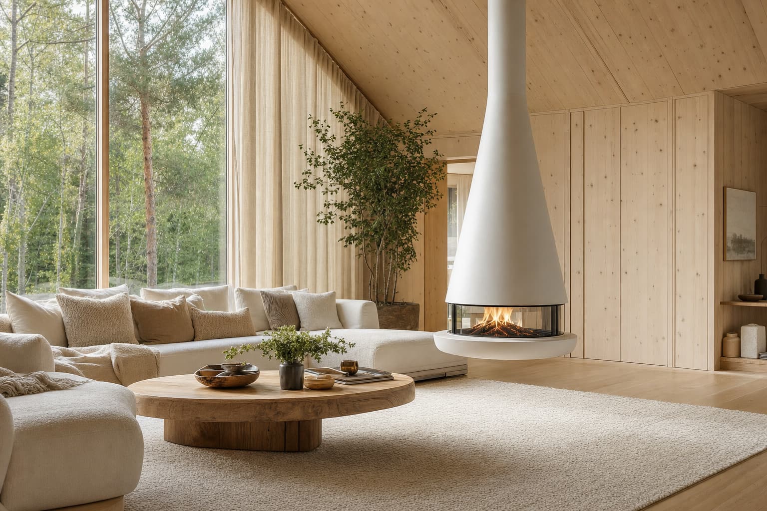 Salon scandinave lumineux avec cheminée suspendue blanche conique, canapé bas, tapis moelleux et grande plante verte.