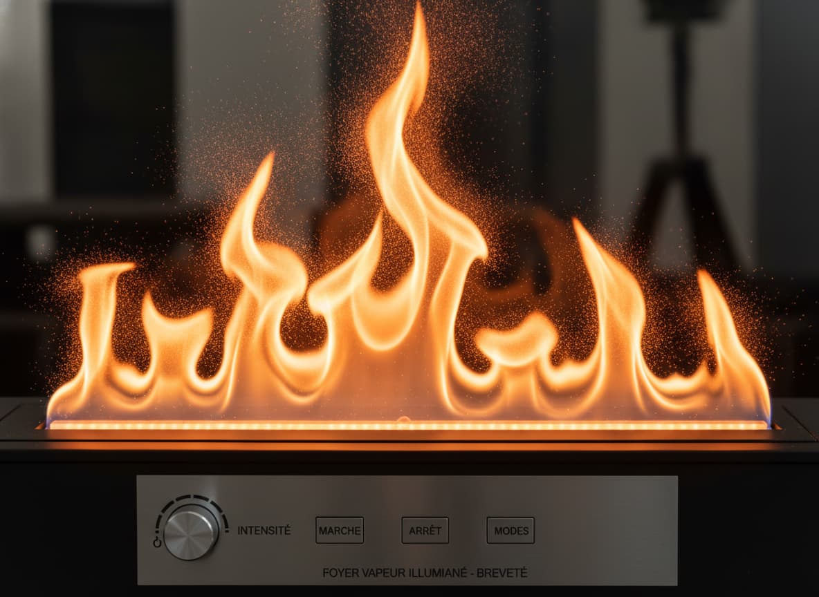 Gros plan sur le mécanisme d'une cheminée à vapeur d'eau, un fin brouillard illuminé par des LED orange vives en dessous, créant un effet de flamme tridimensionnel réaliste
