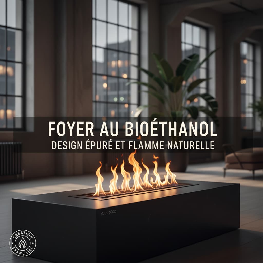 Cheminée design au bioéthanol avec une flamme vive sur un socle en pierre noire dans un loft contemporain, éclairage tamisé.