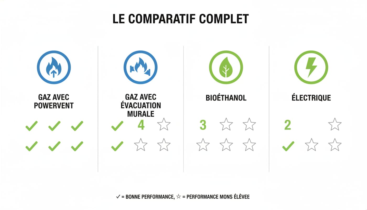 Infographie comparative de quatre solutions de chauffage sans conduit avec icônes, notations par étoiles et titre centré 'LE COMPARATIF COMPLET'.
