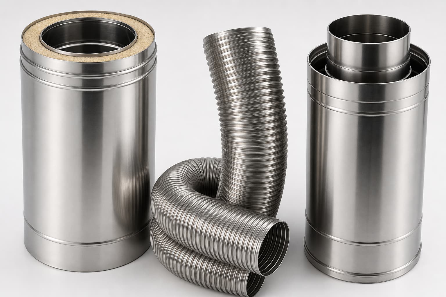 Trois types de conduits de fumée en acier inoxydable - un conduit double paroi isolé, un liner flexible ondulé et un conduit concentrique - disposés côte à côte sur fond blanc.
