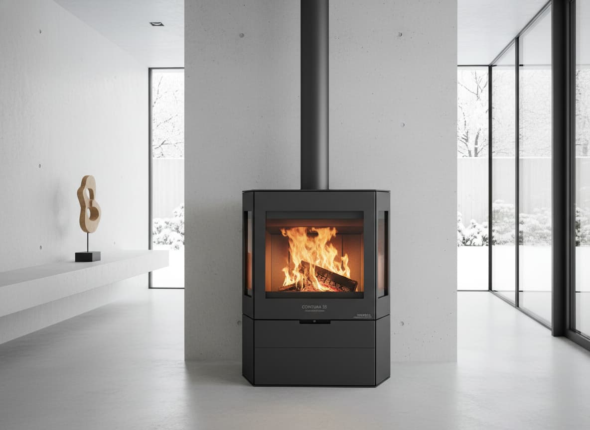 Poêle Contura 35 avec larges vitres latérales dans un espace minimaliste