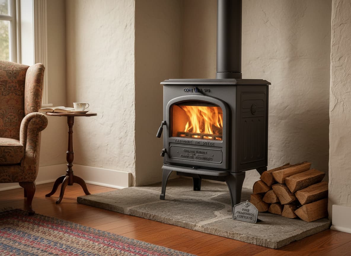 Poêle Contura 510 en fonte et acier noir dans un intérieur traditionnel