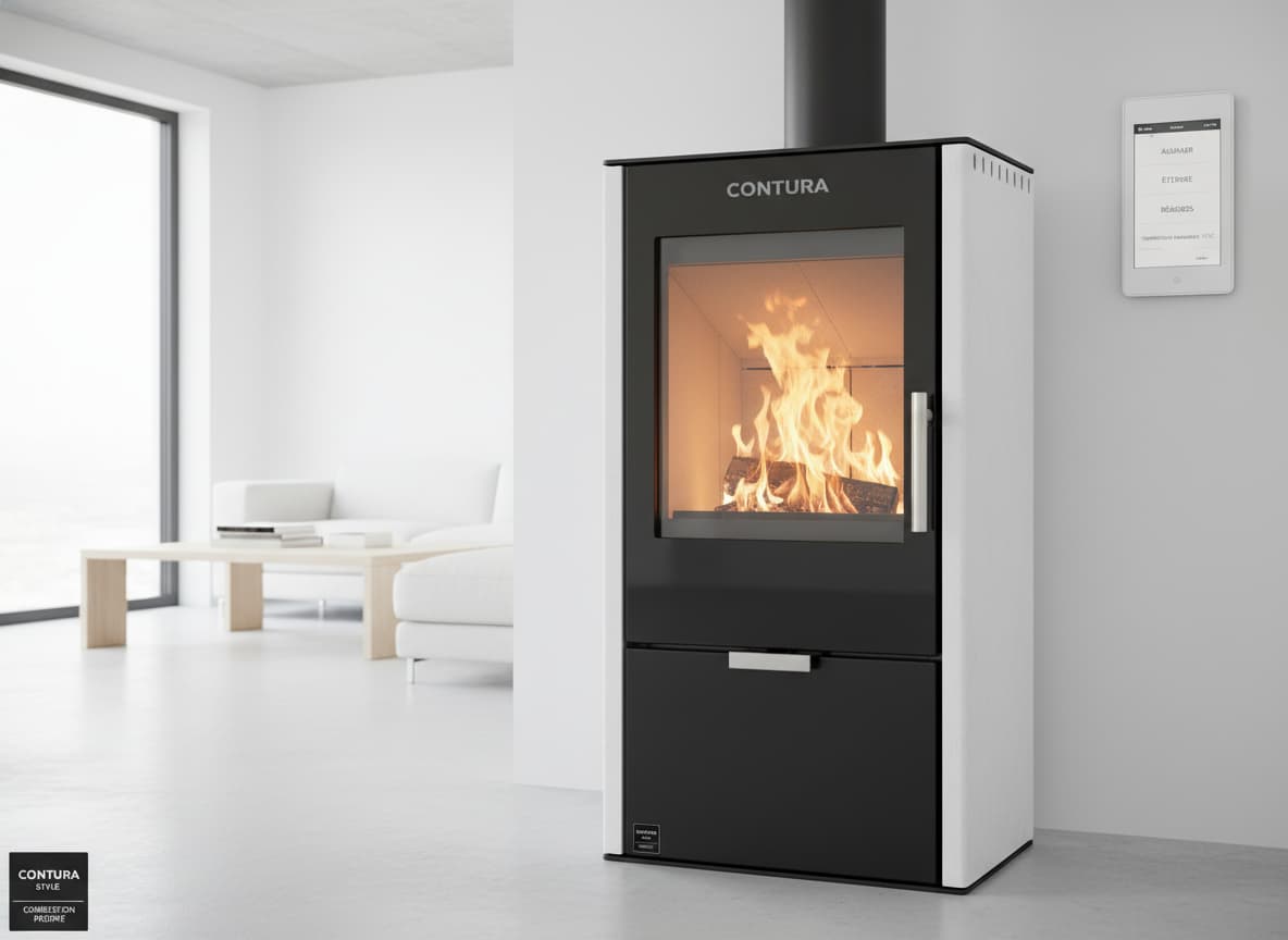 Poêle Contura 510G Style à porte vitrée dans un intérieur blanc