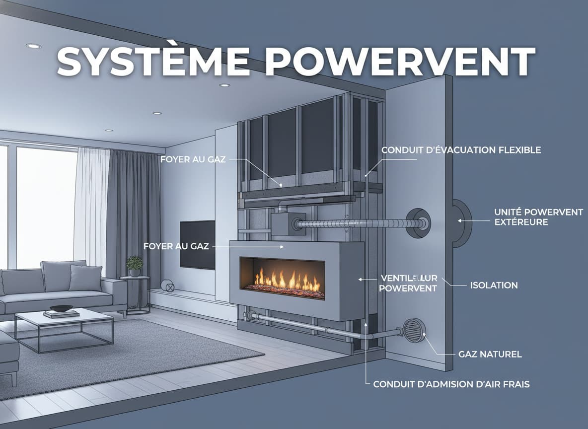 Coupe technique d'un foyer au gaz montrant le système d'évacuation PowerVent avec un tuyau flexible traversant le mur extérieur.