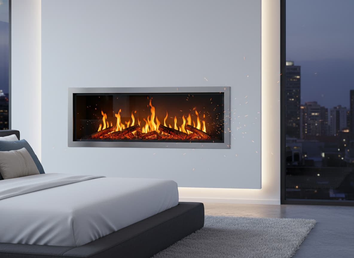 Cheminée Dimplex Opti-V encastrée dans un mur blanc minimaliste, avec flammes et étincelles en 3D sautant des bûches dans une chambre moderne.