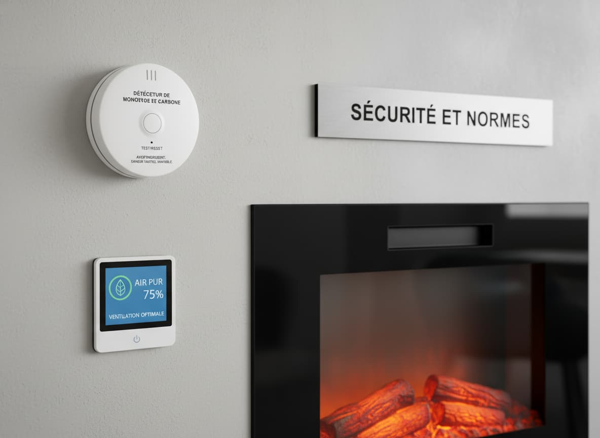 Un détecteur de monoxyde de carbone blanc fixé au mur près d'une cheminée moderne, avec une étiquette d'information sur la ventilation et un texte superposé 'SÉCURITÉ ET NORMES'.