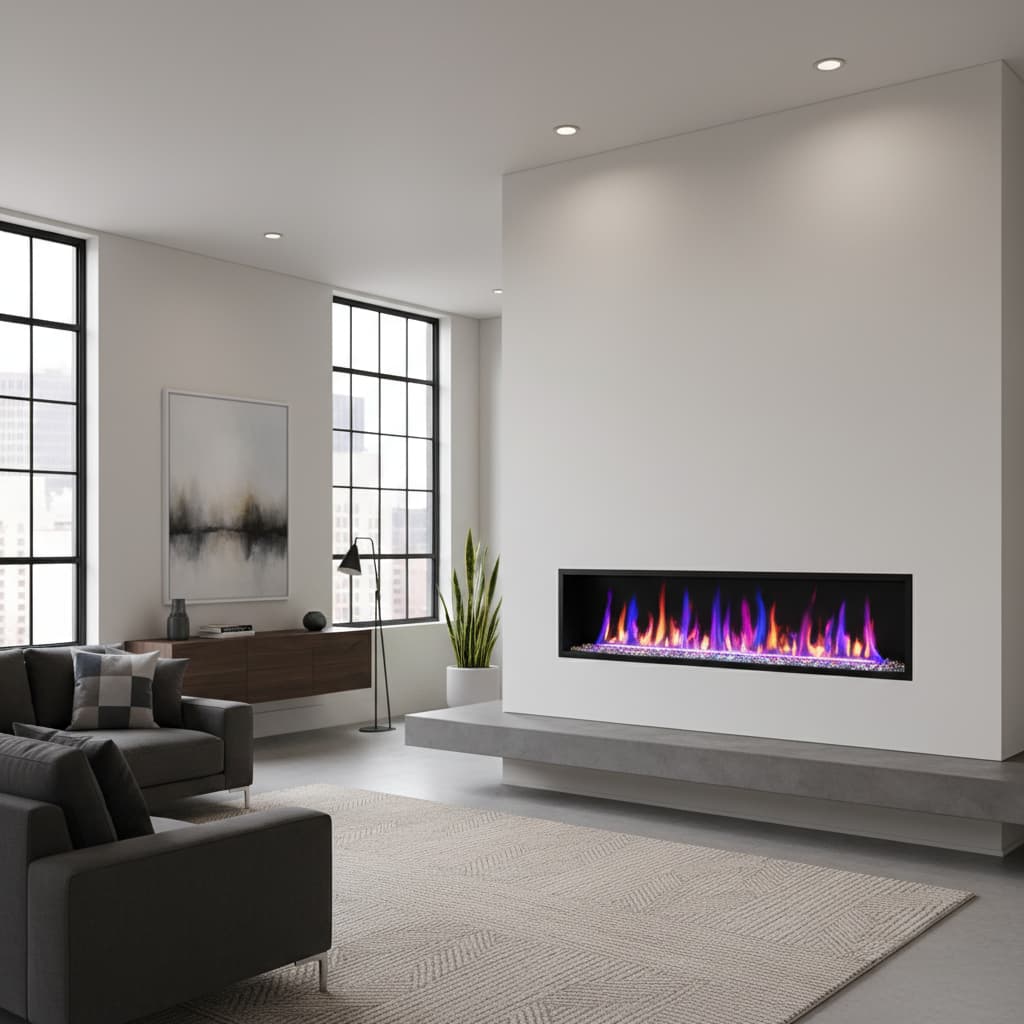 Cheminée électrique linéaire moderne installée dans un panneau mural minimaliste, avec flammes LED multicolores dans un salon urbain.