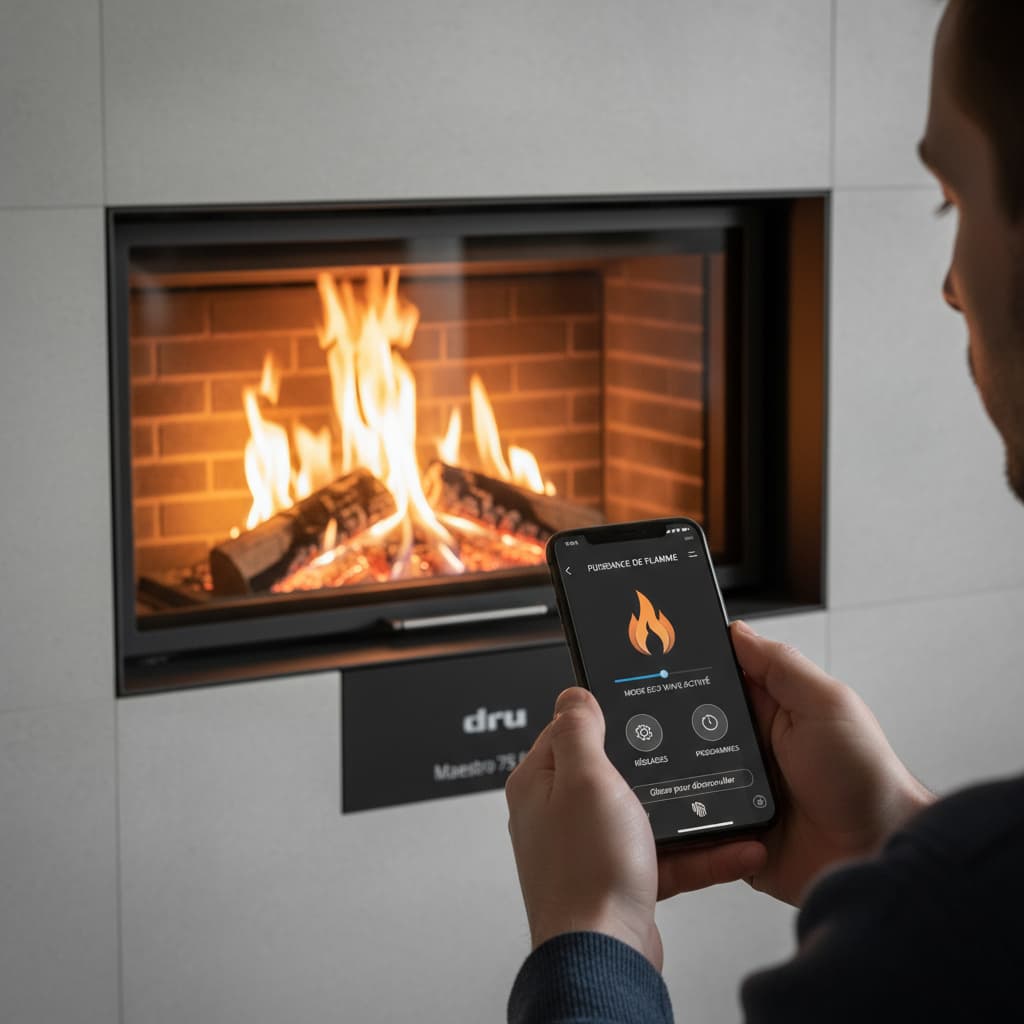 Un foyer gaz Dru Maestro 75 Eco Wave allumé, et au premier plan une personne tenant un smartphone affichant une application en français avec les boutons Réglages et Puissance pour contrôler la hauteur des flammes.