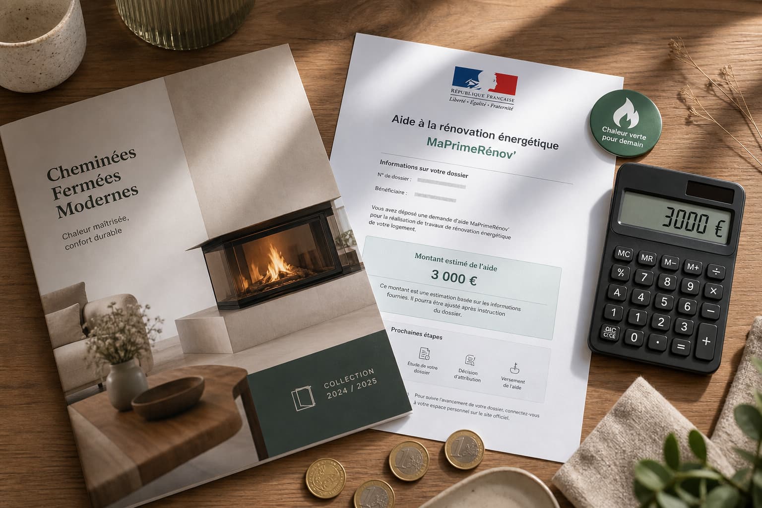 Composition à plat montrant une brochure de foyer fermé et un document MaPrimeRénov