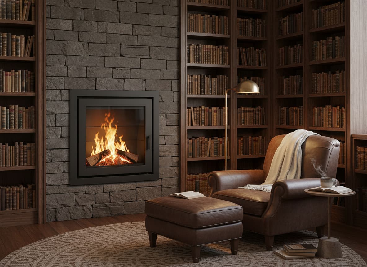 Foyer fermé Edo Focus 850 avec vitre, braises orangées visibles, dans une bibliothèque moderne aux étagères en bois foncé et fauteuil en cuir à proximité.