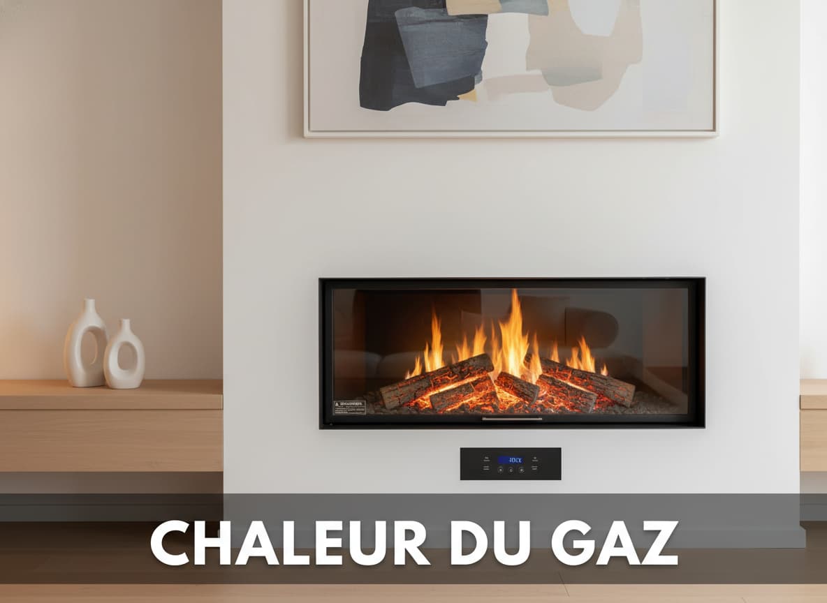 Cheminée à gaz encastrée contemporaine avec une grande vitre et des bûches céramiques lumineuses, intégrée dans un mur blanc, avec le texte 'CHALEUR DU GAZ' en superposition.