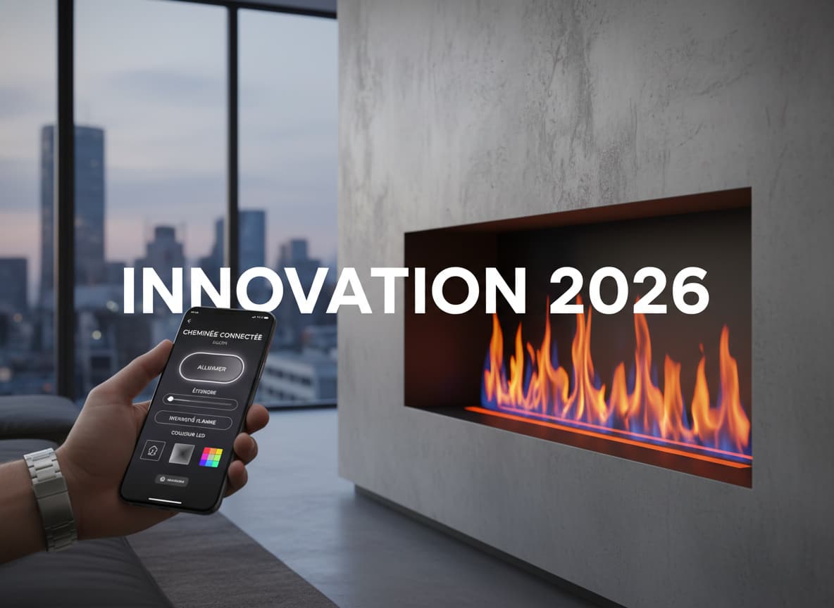 Une cheminée à vapeur d'eau haute technologie avec un effet de flamme 3D, une main tenant un smartphone affichant une interface domotique en français, et le texte 'INNOVATION 2026' en surimpression semi-transparente.
