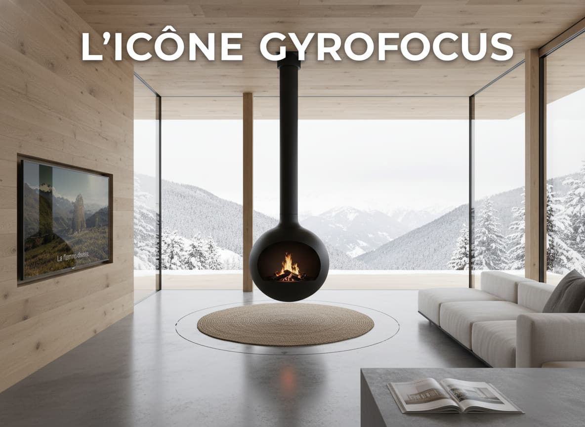 Cheminée suspendue Gyrofocus au design circulaire au centre d'un salon moderne avec parquet en chêne et grandes baies vitrées.