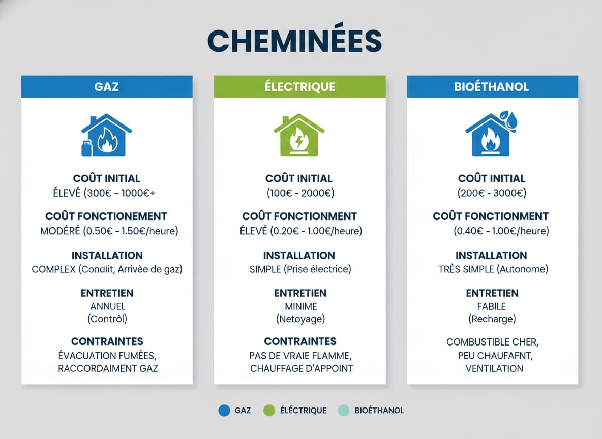 Infographie éditoriale présentant trois panneaux verticaux avec icônes minimalistes pour le gaz, l'électrique et le bioéthanol, avec des en-têtes en français.