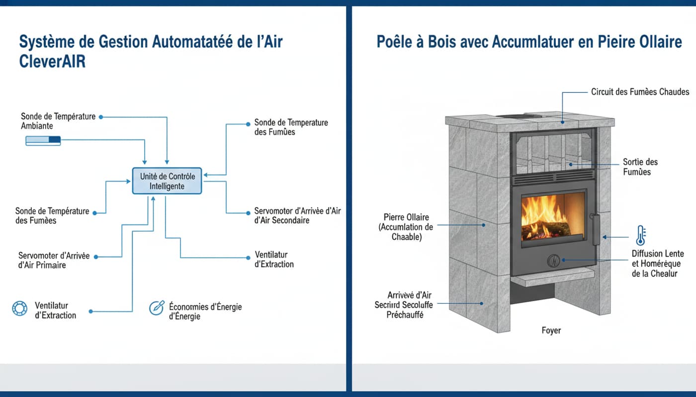 Infographie technique montrant à gauche un schéma du système de contrôle d'air CleverAIR et à droite une coupe de poêle mettant en évidence la pierre ollaire pour la rétention de chaleur.