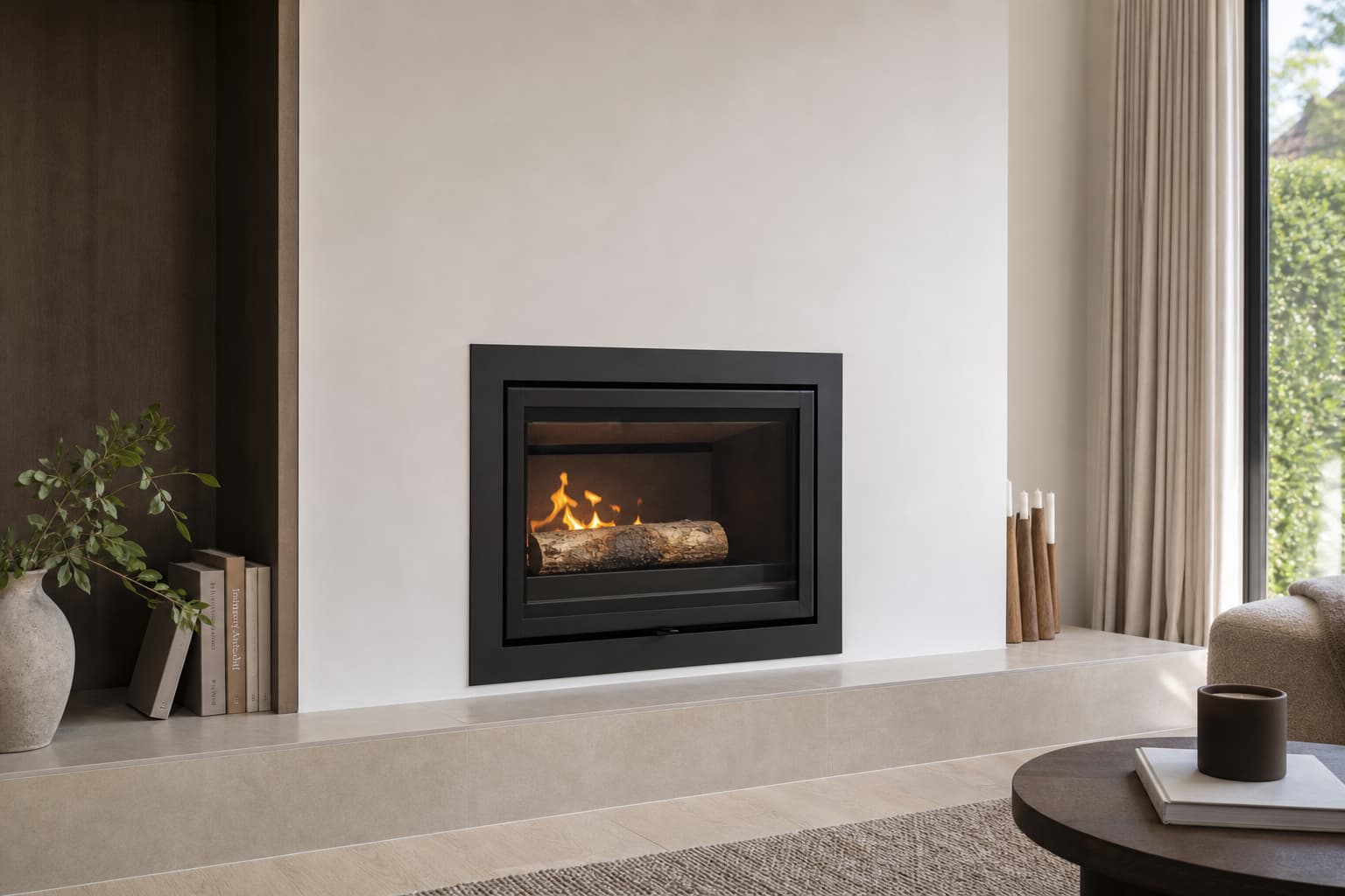 Insert de cheminée fermée contemporain avec cadre en acier noir