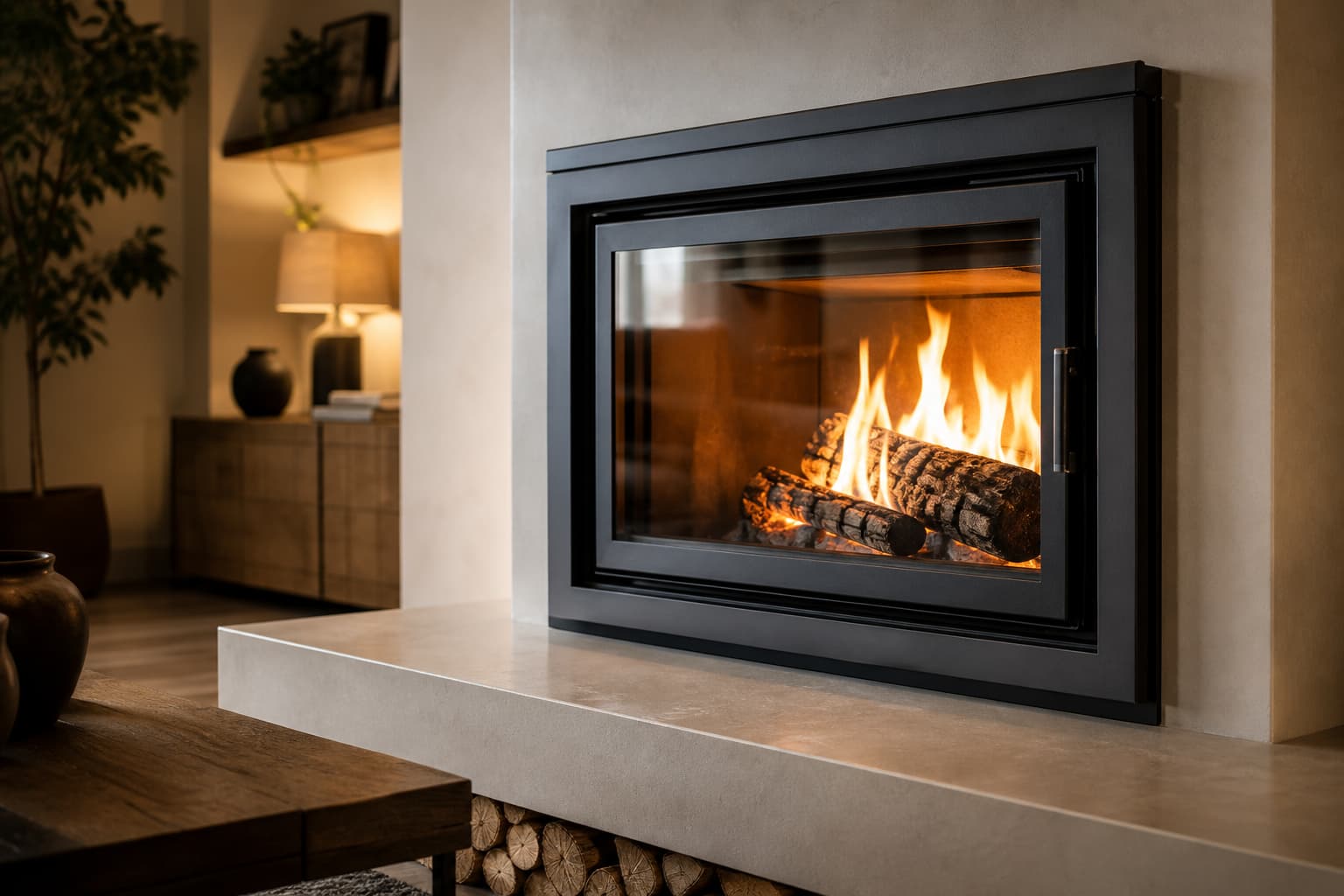 Insert de cheminée moderne avec une vitre parfaitement propre et transparente révélant des flammes dorées dans un salon confortable à l