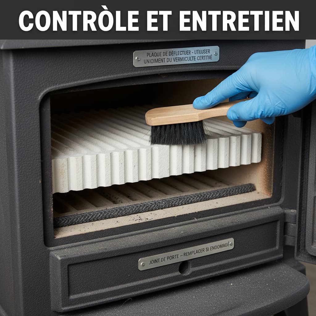 Inspection entretien poêle à bois avec brosse et plaque vermiculite