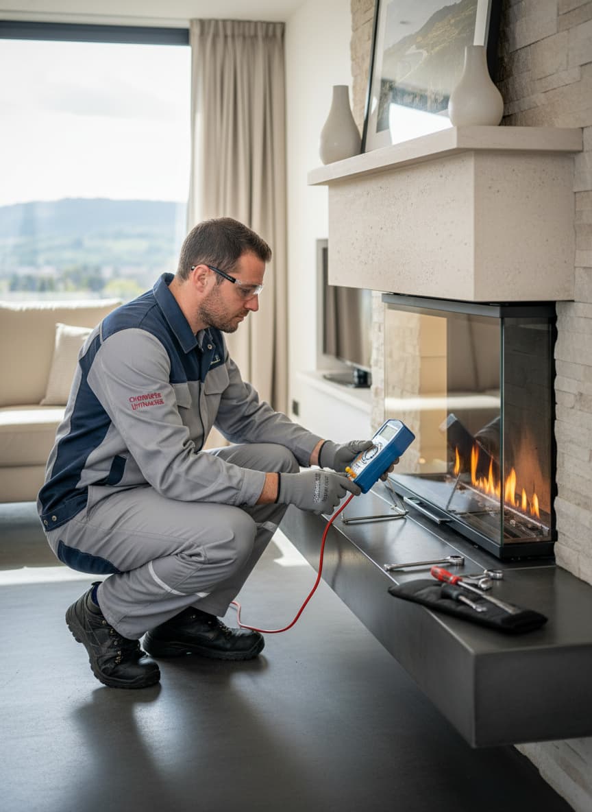 Un technicien en uniforme examine un brûleur de cheminée à gaz avec un outil précis dans un intérieur élégant de la région lyonnaise.