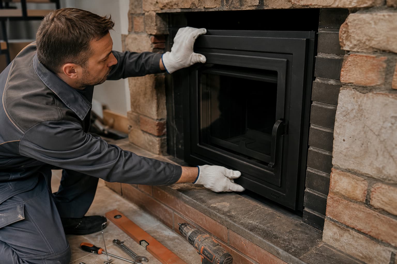 Professionnel alignant un insert de cheminée fermé
