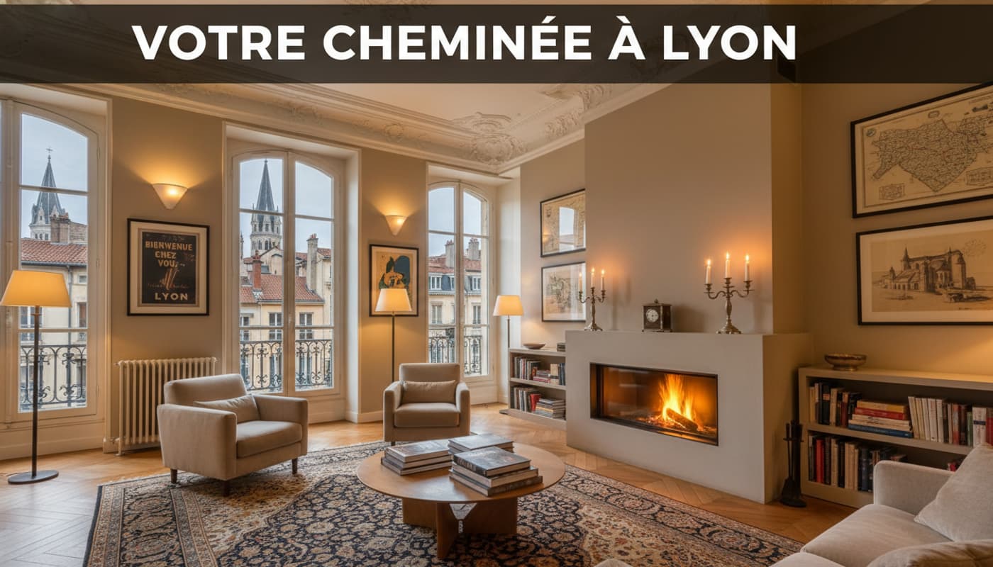 Salon élégant d'un appartement lyonnais avec hauts plafonds, grandes fenêtres sur les toits du Vieux Lyon, et une cheminée moderne au centre.