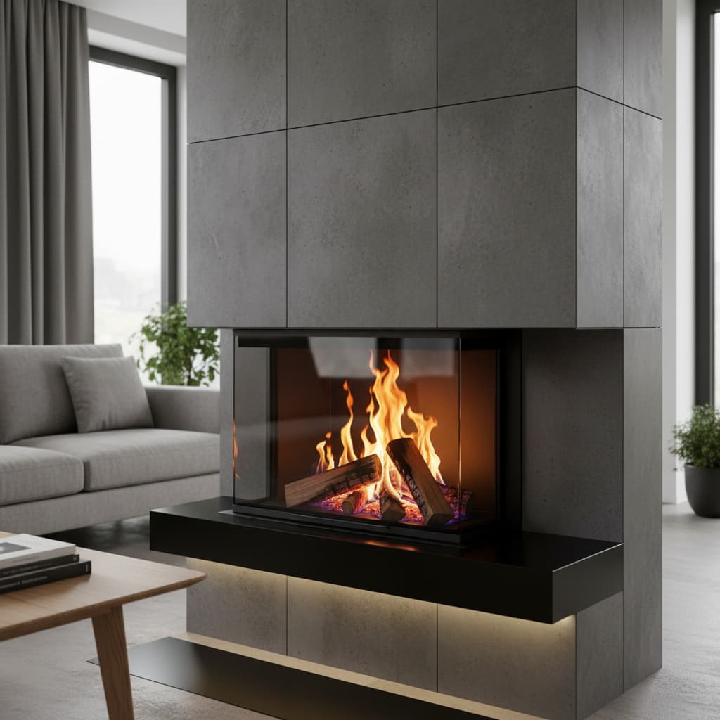 Cheminée à gaz encastrée avec bûches en céramique réalistes et flammes vives, intégrée dans un mur gris contemporain d'un salon moderne lumineux, prise en vue 3/4 studio mettant en valeur la qualité de la vitre et le réalisme des flammes.