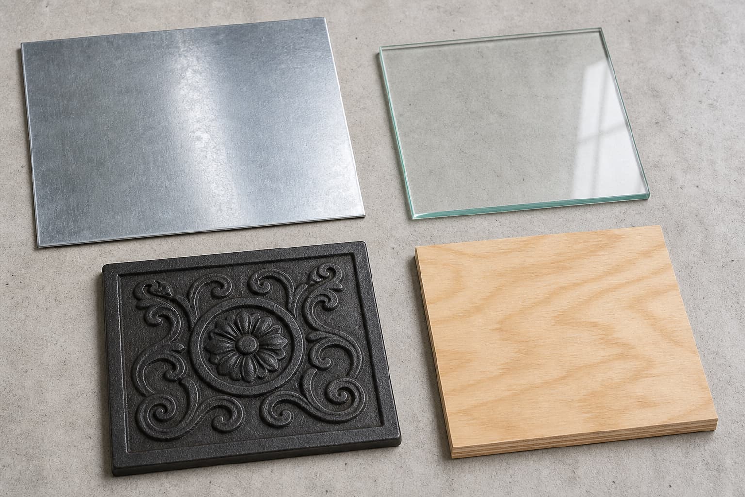 Vue de dessus de quatre matériaux pour plaque de fermeture de cheminée disposés sur un établi en béton gris clair : tôle galvanisée, verre trempé transparent, plaque en fonte et contreplaqué.