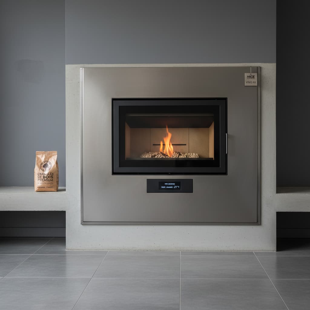 Insert à granulés MCZ Vivo 90 installé dans une cheminée rénovée, avec une grande vitre et un sac de pellets à côté.